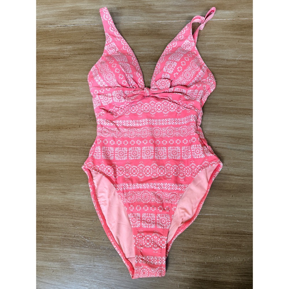 Robin Piccone Coral Pink White Medallion One Piece Swimsuit Tie Front Size 8